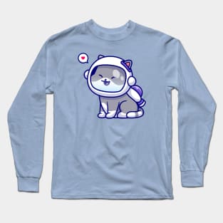 Cute Cat Astronaut Sitting Cartoon Long Sleeve T-Shirt